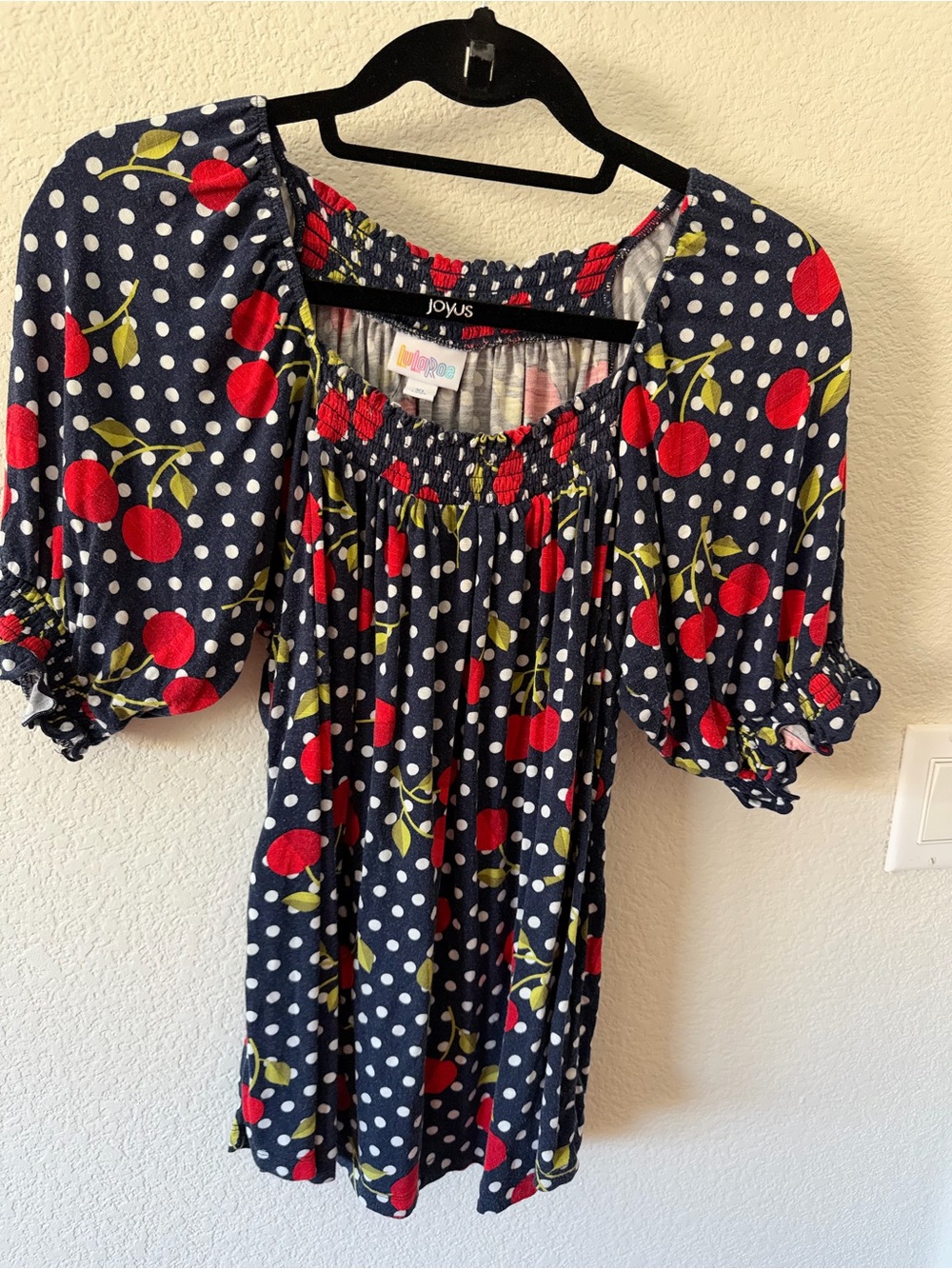 LuLaRoe Navy Polka Dot Cherry Peasant Tunic - Red/Green/White